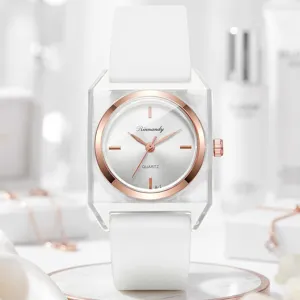 Elegante Damen-Quarzuhr mit transparentem Gehäuse und weißem Silikonarmband Modell.
