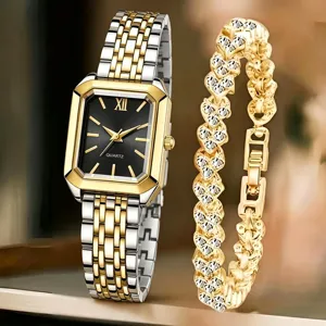 Nahaufnahme eines eleganten zweifarbigen quadratischen Uhren- und Armbandsets