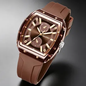 Detail einer Tonneau-Quarzuhr für Herren mit kaffeebraunem Silikonarmband