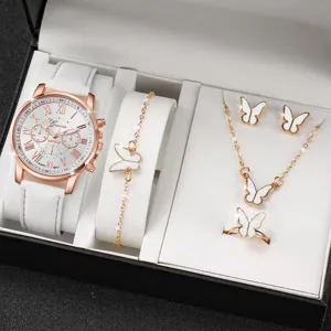 Elegantes Set mit weißer Quarzuhr und Schmetterlings-Schmuck für Damen in Geschenkbox