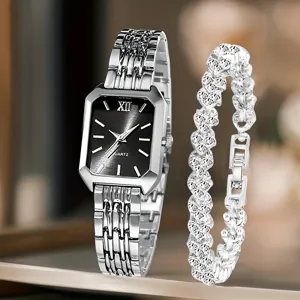 Detailansicht quadratische schwarze Quarzuhr und silbernes Kristallarmband Set
