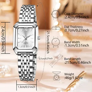 Detaillierte Maße der eleganten silbernen quadratischen Quarzuhr für Damen mit Metallarmband