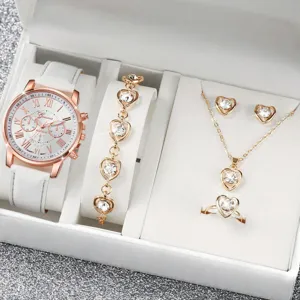 Luxuriöses 6-teiliges Uhren- und Schmuckset in Roségold in einer weißen Geschenkbox