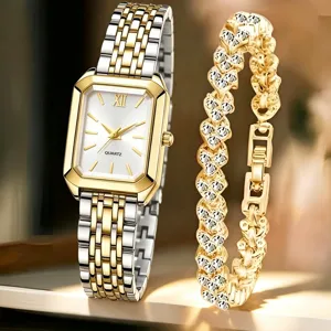 Nahaufnahme einer eleganten Damenquarzuhr mit passendem zweifarbigem Armband-Set