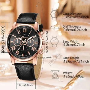 Detaillierte Spezifikationen der schwarzen Lederuhr von Geneva in Roségold mit Maßen.