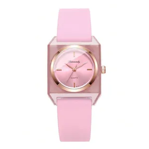 Hochauflösende Nahaufnahme einer rosa Damen-Silikon-Quarzuhr mit transparentem Gehäuse