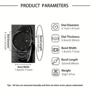 Detailed size and weight specification chart for men's business calendar wrist watch