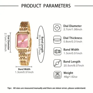 Detaillierte Größenübersicht für elegante rechteckige Quarzuhr in Gold mit rosa Zifferblatt.
