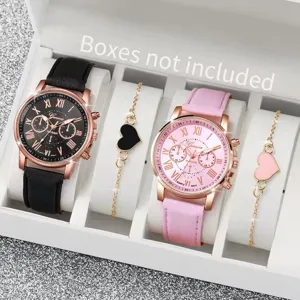 Elegantes Damen-Quarzuhr- und Herzarmband-Set mit Lederarmband in Schwarz und Rosa