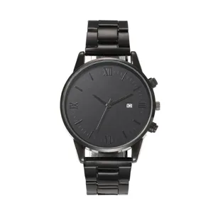 Minimalist all-black men's business watch with calendar date and Roman numerals dial.