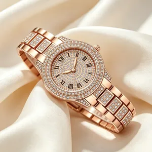 Luxuriöse Damenuhr aus Roségold mit voll besetztem Diamant-Pavé-Zifferblatt und römischen Zahlen.