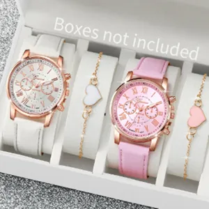 Elegantes Damen Quarzuhren- und Herzanhänger-Armband-Schmuckset mit weißen und rosa Lederarmbändern