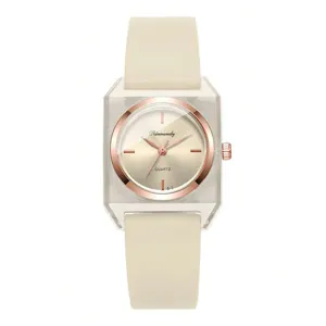Nahaufnahme einer eleganten Damen-Quarzuhr mit cremefarbenem Silikonarmband und Gehäuse