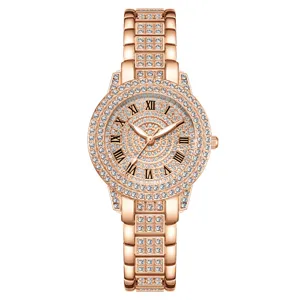 Elegante Damenarmbanduhr in Roségold, voll besetzt mit Kristallen und römischem Zifferblatt