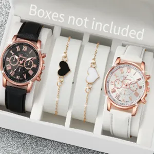 Elegantes Damenuhren-Set mit Lederarmband in Roségold und Herz-Armbändern