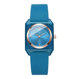 Detailaufnahme einer stylischen blauen Damen-Silikon-Quarzuhr mit transparentem Gehäuse