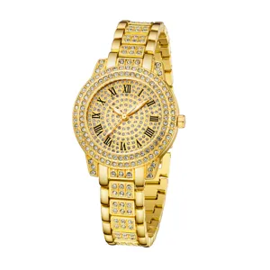 Luxuriöse goldene Damen-Quarzuhr mit römischen Ziffern und Kristalldesign