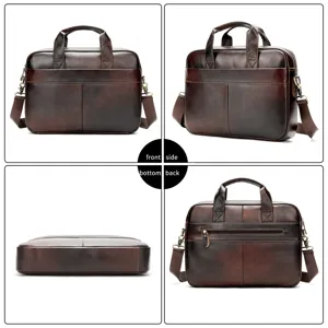 Vintage genuine leather business briefcase for men, multi-angle view laptop handbag.