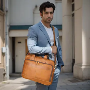 Vista dettagliata della ventiquattrore in pelle da uomo in una elegante scena urbana.