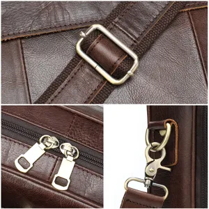 Borsa da lavoro in vera pelle marrone da uomo a tracolla con vista dettagliata principale.