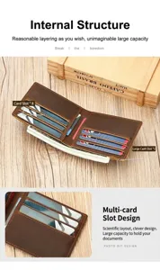 Men's bifold crazy horse leather wallet vintage brown genuine cowhide card holder.