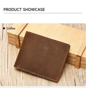 Vintage genuine crazy horse leather bi-fold men's wallet with retro coffee card holder