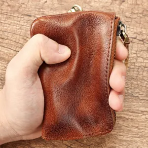 Genuine Leather Mini Coin Purse Vintage Rub-off Cowhide Zipper Key Pouch Wallet With Metal Hook For Women Men