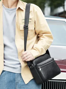 Bolso bandolera de hombre de piel auténtica, bolso informal elegante con bolsillo con cremallera.