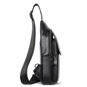 Herren Echtleder Brusttasche schwarze Umhängetasche lässige Outdoor Freizeittasche Sling Bag