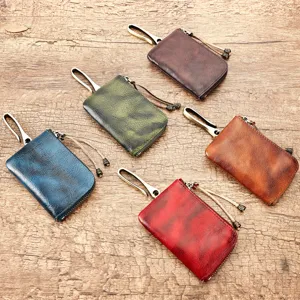 Genuine leather mini coin purse keychain zipper wallet compact multi-color pouch set for daily use