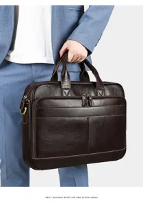 Sac d'affaires en cuir véritable pour homme, vue détaillée texture premium et poignée.