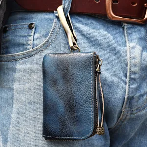 Genuine leather zipper coin purse mini key ring holder pouch for men and women, premium cowhide.