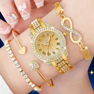 Luxus Strass Damen Quarzuhr Mit Römischen Ziffern Elegante Legierung Analoguhr Und Armband Set Für Damen Schmuck