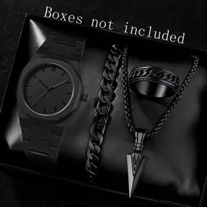 Men Minimalist Black Quartz Watch Octagonal Alloy Case Silicone Strap Wristwatch Bracelet Ring Necklace Jewelry For Men