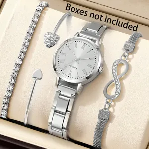Elegantes silberfarbenes Quarzuhren-Set mit Infinity- und Herzschmuck in der Box
