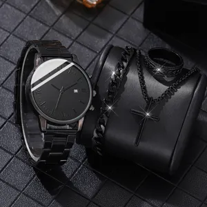 Men Quartz Watch Roman Numerals Date Display Alloy Bracelet Business Fashion Jewelry Necklace Ring Accessory Combination