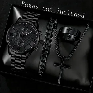 Schwarzes modisches Uhrenset für Herren mit Armband Kreuzhalskette und einem Ring