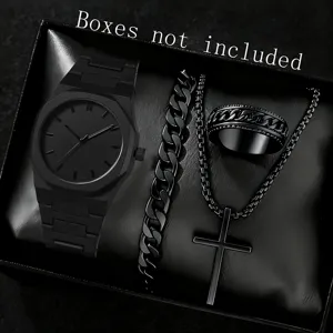 All-black men's accessory set with minimalist quartz watch, cross necklace, bracelet, and ring