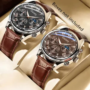 Close-up of luxury men's quartz watches with brown leather straps and multi-dial design.