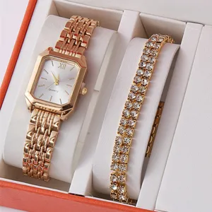 Mode Quadratische Damen Quarzuhr Geschenkset Mit Strass Armband Legierung Stahlband Römische Ziffer Elegante Dame Armbanduhr