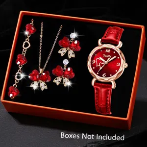 Detail des roten Herz-Schmucksets mit Quarzuhr, Halskette, Armband und Ohrringen