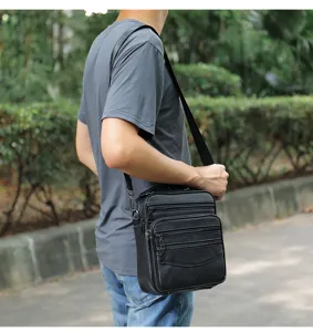 Men casual genuine leather vertical shoulder bag with multiple zipper pockets for daily use
