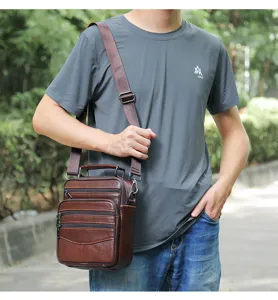 Men genuine leather vertical messenger bag casual shoulder crossbody bag brown daily use detail