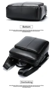 Sac à dos en cuir véritable noir vue détaillée, cuir de vachette style affaires loisirs.
