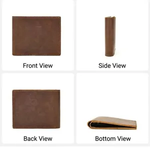 Men's vintage crazy horse leather bifold wallet, genuine cowhide horizontal card holder.