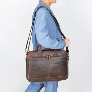 Mallette Rétro en Cuir Véritable pour Hommes Grande Capacité Imperméable Sacoche d'Ordinateur d'Affaires avec Poignée et Bandoulière