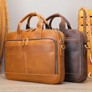 Sacoche homme en cuir véritable, grand portefeuille d'ordinateur d'affaires, sac bandoulière vintage.
