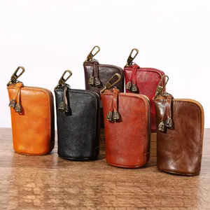 Étui à Clés Vintage en Cuir de Vachette Véritable Pour Hommes Multifonction Grande Capacité Porte-Clés Suspendu à la Taille Sac Portefeuille Vintage