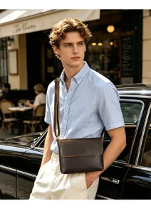 Men's genuine leather messenger bag vintage brown casual crossbody shoulder bag for use.