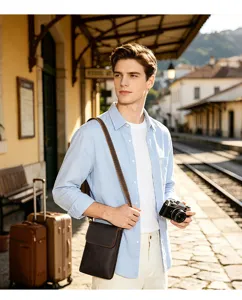 Detailed view of the men's genuine leather shoulder bag in a retro station scene.